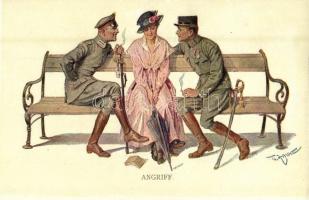Angriff / Lady with dachshund dog, flirting German military officers. M. Munk Wien Nr. 1118. s: Zasche