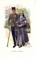 Die Frau im Kriege I. Nr. 731. / WWI German military officer with Red Cross nurse, artist signed