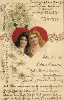 1900 Herzens Grüsse. Art Nouveau love greeting art postcard, floral, litho (EK)