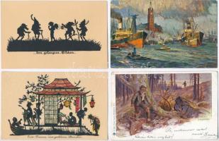12 db RÉGI motívumlap vegyes minőségben: művész, sziluett, vadász / 12 pre-1945 motive postcards in mixed quality: art, silhouette, hunter