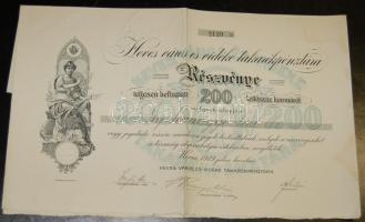 1919. "Heves város és vidéke takarékpénztás" részvénye 200K-ról, szelvényekkel