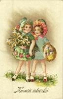 12 db régi gyerek motívumlap, üdvözlőlap, közte pár litho / 12 pre-1945 children motive cards, greet...