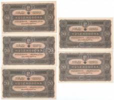 1920. 20K (5x) közte 4db sorszámkövető és 1db közeli sorszám T:I-,II