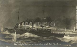 Ein deutscher Kreuzer vernichtet einen englischen Minenleger / WWI German Imperial Navy (Kaiserliche Marine) cruiser destroys a British minelayer, artist signed