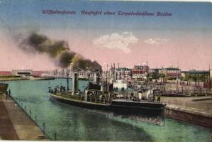 Wilhelmshaven, Ausfahrt eines Torpedodivisions Bootes / WWI German Imperial Navy (Kaiserliche Marine), Wilhelmshaven shipyard (EK)