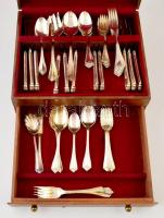 Fém evőeszköz készlet, újszerű állapotban, fiókos fa tartó ládában