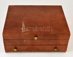 Fém evőeszköz készlet, újszerű állapotban, fiókos fa tartó ládában