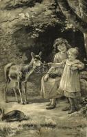 Girls in the forest, deer, rabbit, golden decoration, art postcard s: W. K.