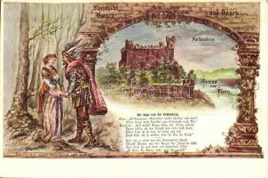 Falkenburg, Guntram nimmt Abschied von Liba; Rheinische Burgen und Sagen, Josef Wewerka / knight, lady, castle, Art Nouveau s: Wewerka