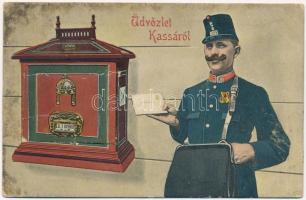 1911 Kassa, Kosice; postás leporello. Nyulászi Béla kiadása / postman leporellocard (szakadás / tear)
