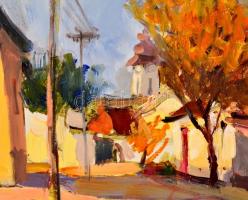 B. Tóth Edit (1958-): Utca sárga lombos fával. Olaj, farost, jelzett, keretben, 30×40 cm