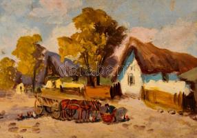 Németh jelzéssel: Lovaskocsi a faluban. Olaj, karton, keretben, 20×32 cm