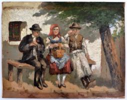 Hacker Mária (1886 - ?): Padon ülők. Olaj, karton, jelzett, festék hibákkal, 24,5×32 cm