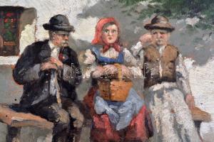 Hacker Mária (1886 - ?): Padon ülők. Olaj, karton, jelzett, festék hibákkal, 24,5×32 cm