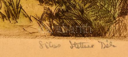 Stettner Béla (1928-1984): Virágszedő kislányok. Színezett rézkarc, papír, jelzett, 24x33 cm