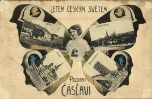 Cáslav, Letem ceskym svetem, Namestí, Radnice, Basta Otakarova / square, town hall, bastion tower. Butterfly lady montage, Art Nouveau (r)