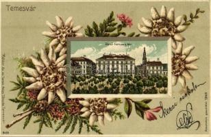 1903 Temesvár, Timisoara; Jenő herceg tér. Káldor Zs. és Társa Nagy Tőzsde kiadása, dombornyomott szecessziós keret / square. Art Nouveau, floral, Emb. litho (EK)