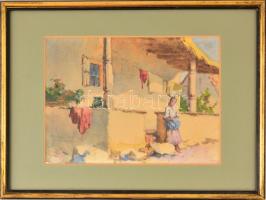Neogrády Antal (1861-1942): Lány a ház előtt. Akvarell, papír, jelzett, üvegezett keretben, 20×27 cm