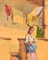 Neogrády Antal (1861-1942): Lány a ház előtt. Akvarell, papír, jelzett, üvegezett keretben, 20×27 cm