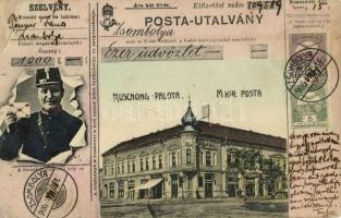 1906 Zsombolya, Hatzfeld, Jimbolia; Muschong palota M. kir. posta, Kemmert J. üzlete. Posta-utalvány montázs postással / post palace, shops. Postman montage (r)
