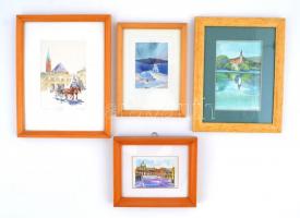 Olvashatatlan jelzéssel: Emlék akvarellek ( 4db), üvegezet keretben, 6×10-14×10 cm