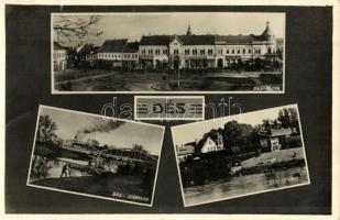 1944 Dés, Dej; Fő tér, Szigyártó Sámuel, Biró üzlete, Szamos híd, strand, fürdőzők / main square, shops, Somes river bridge, beach, bathers