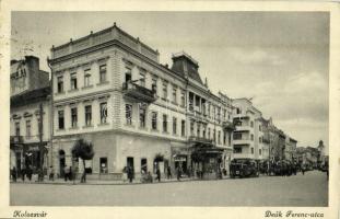 1941 Kolozsvár, Cluj; Deák Ferenc utca, automobil, mentőautó, üzletek / street view, automobiles, ambulance, shops