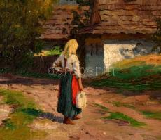 Szontágh Tibor (1873-1930): Hazafelé. Olaj, vászon, jelzett,  restaurált, 50×60 cm