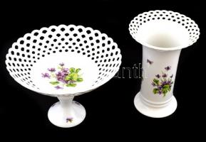 Wallendorf ibolya mintás talpas kínáló és váza, matricás, jelzett, apró kopásnyomokkal, m: 14 és 18 ...