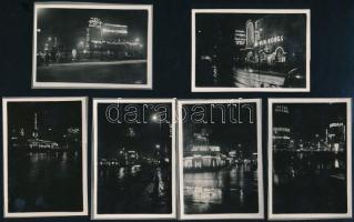 cca 1930 Budapest éjszakai fényei, 6 db vintage fotó, 6x8,5 cm