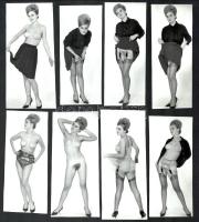 cca 1968 Komplett vetkőzőszám a műteremben, 9 db szolidan erotikus, vintage fénykép, 14,8x6 cm