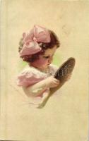 Little girl with mirror, art postcard