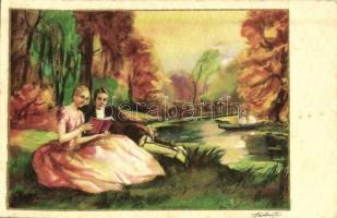 Romantic couple, Italian art postcard, golden decoration, Elite CCM 2553-3 s: Ambart
