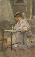 1917 Attesa!..., Pompeo Mariani / lady, Italian art postcard, Serie I. No. 5. (EK)