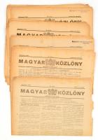 1945 Magyar Közlöny 49.,53-61.,63-64.,71.,79. számai, összesen 14 db, 1945. jún. 12. - júl. 18., Szerk.: Szabó Zoltán. Bp., Magyar Állami Nyomda. Közte szakadozott, sérült, egy szám hiányos.