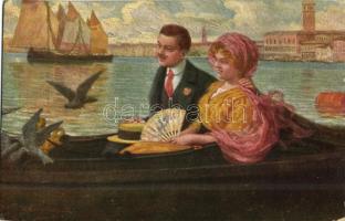 Couple in a boat, pigeons, sailship, Italian art postcard No. 3069/I. (worn corner)