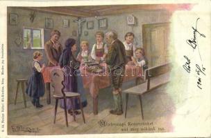 1901 Mindennapi kenyerünket add meg nékünk ma / family prayer at dinner, Lords Prayer, art postcard s: E. Döcker