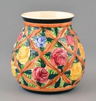 Fischer Emil áttört váza, kézzel festett mázas porcelánfajansz, jelzett, nagyon apró máz hiánnyal, m: 13 cm