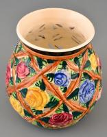 Fischer Emil áttört váza, kézzel festett mázas porcelánfajansz, jelzett, nagyon apró máz hiánnyal, m...