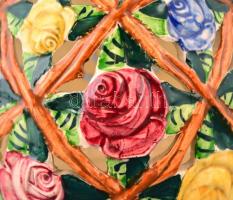 Fischer Emil áttört váza, kézzel festett mázas porcelánfajansz, jelzett, nagyon apró máz hiánnyal, m...