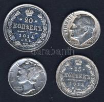 Oroszország 1914. 15k Ag, 20k Ag T:2 ph + USA 1941. 10c Ag "Mercury" (1x) + 1949. 10c Ag "Roosevelt" (1x) T:2/3 Összesen 4klf db Ag!