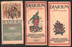 1929-1931 Diarium 3 száma. Bp., Kir. M. Egyetemi Nyomda. A borító szélein kis szakadások, a borítókon kis foltok.