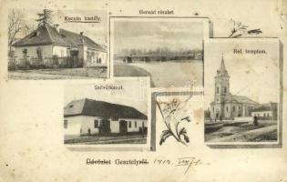 1912 Gesztely (Miskolc), Hernád részlet, Református templom, szövetkezeti üzlet, Koczán kastély. floral (kis szakadás / small tear)