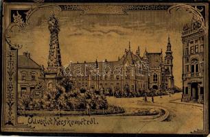 Kecskemét, Szentháromság szobor. Schwartz Soma kiadása, szecessziós fémes hatású fóliás képeslap / Art Nouveau metallic foil postcard