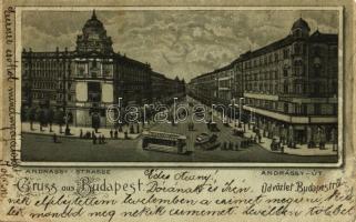 1898 Budapest VI. Andrássy út, villamos, üzletek. litho (fa)