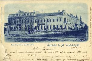 1899 Hódmezővásárhely, Kossuth tér, Andrássy út, üzletek. Kiadja Grossmann Benedek (r)