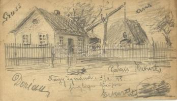 1898 Nagyigmánd, Eckert lak és gémeskút az udvaron. A levélíró saját villája. Kézzel rajzolt képeslap / Palais Eckert (EK)