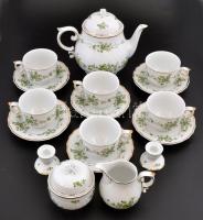 Hollóházi teás készlet + 2 db gyertyatartó, matricás, jelzett, egy csészén kis lepattanás