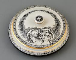 Hollóházi Jurcsák László által tervezett mintával díszített porcelán bonbonier, matricás, jelzett, hibátlan, d: 16 cm