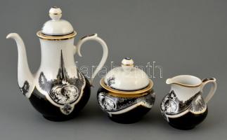 Hollóházi Jurcsák László által tervezett mintával díszített porcelán mokkás készlet, matricás, jelze...